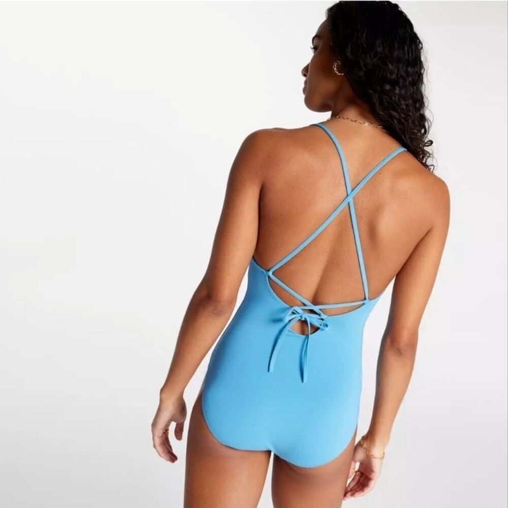 #871. CALIA NWT Tranquil Blue Triangle Strappy Back One Piece Swimsuit - Picture 2 of 5